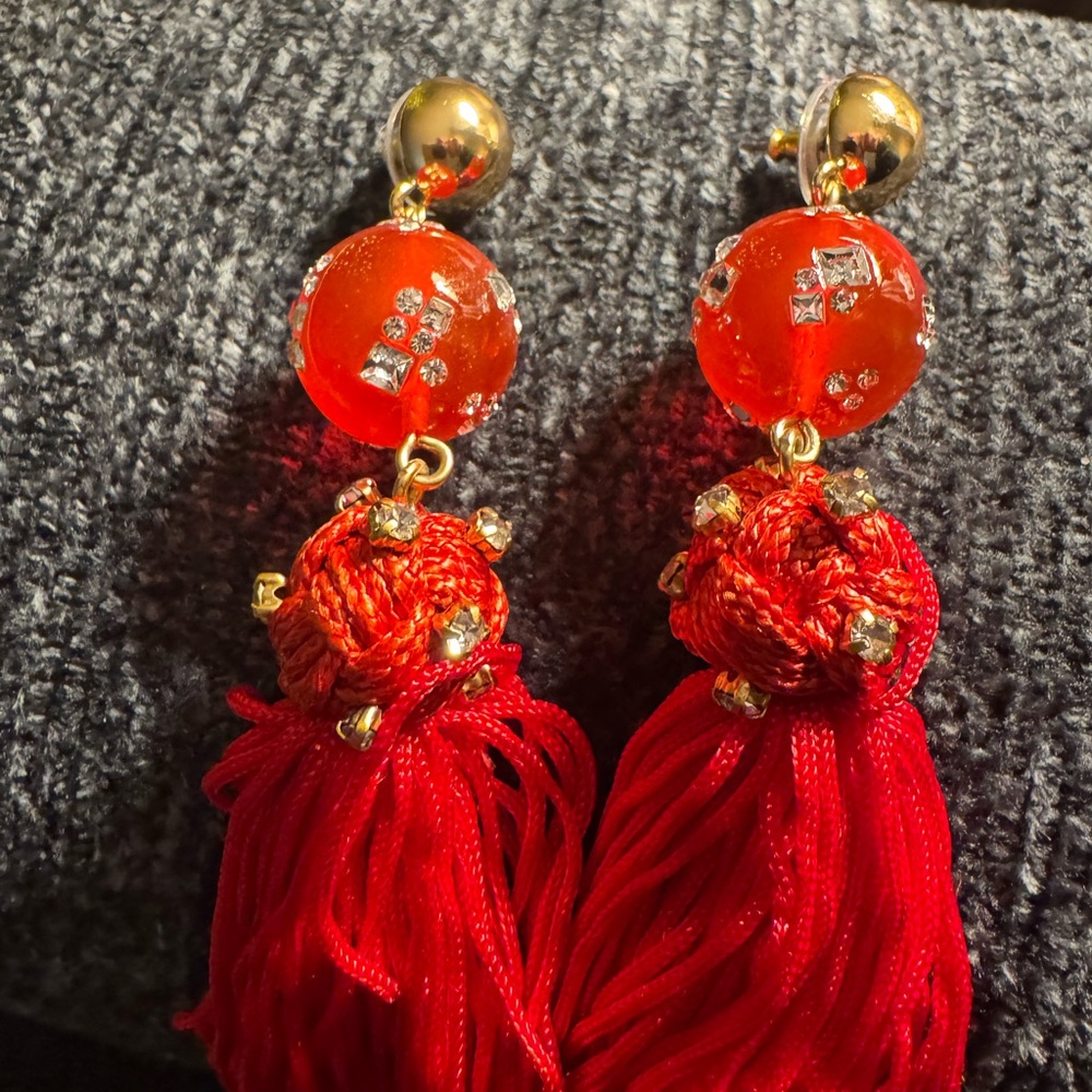 J. Crew Gold and Red Beaded Tassel Earrings